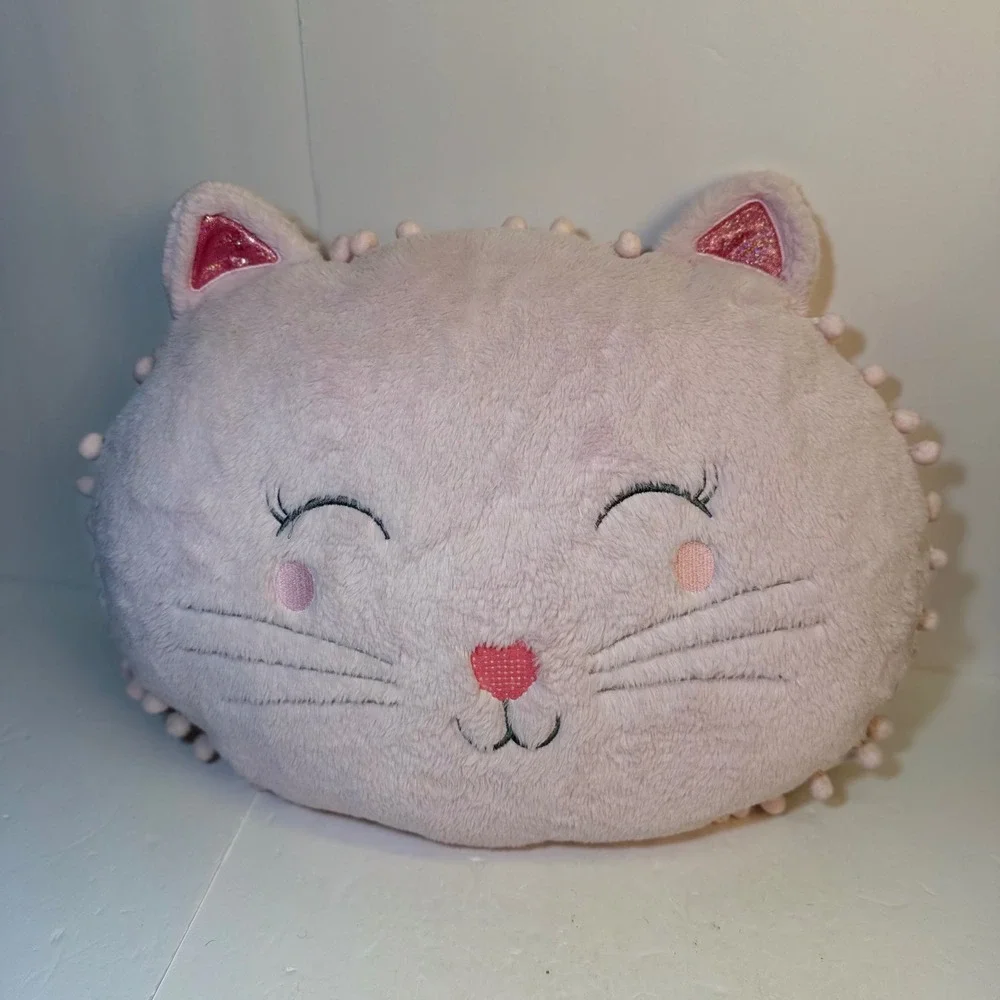 Isaac Mizrahi New York Pink Plush Cat Pillow Pom Pom Trim Decorative Accent